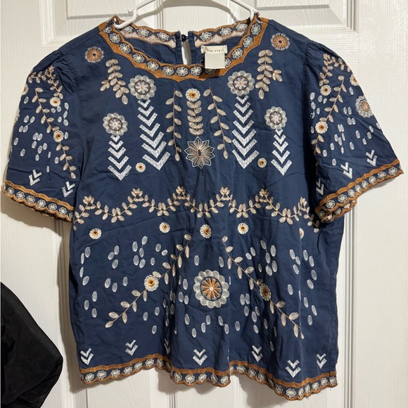 Main Strip Tops - Main Strip Navy Blue Embroidered Blouse